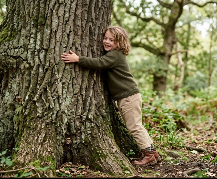 A child hugging an oak tree in woodland